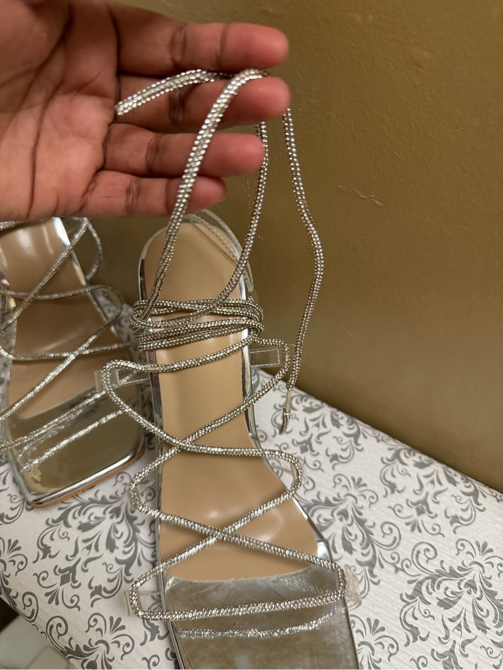 Crystal-Embellished Silver Lace-Up Heels - Picture 2 of 6
